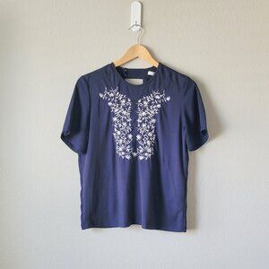 Navy Blue Embroidered Blouse | Boho Short Sleeve Top|Women’s Casual Summer Shirt